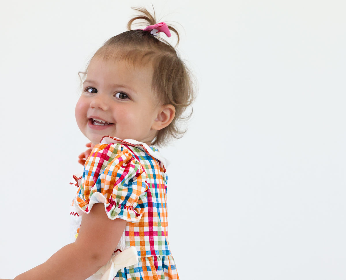 Fall Plaid Chick Embroidery Smocking Girls Romper