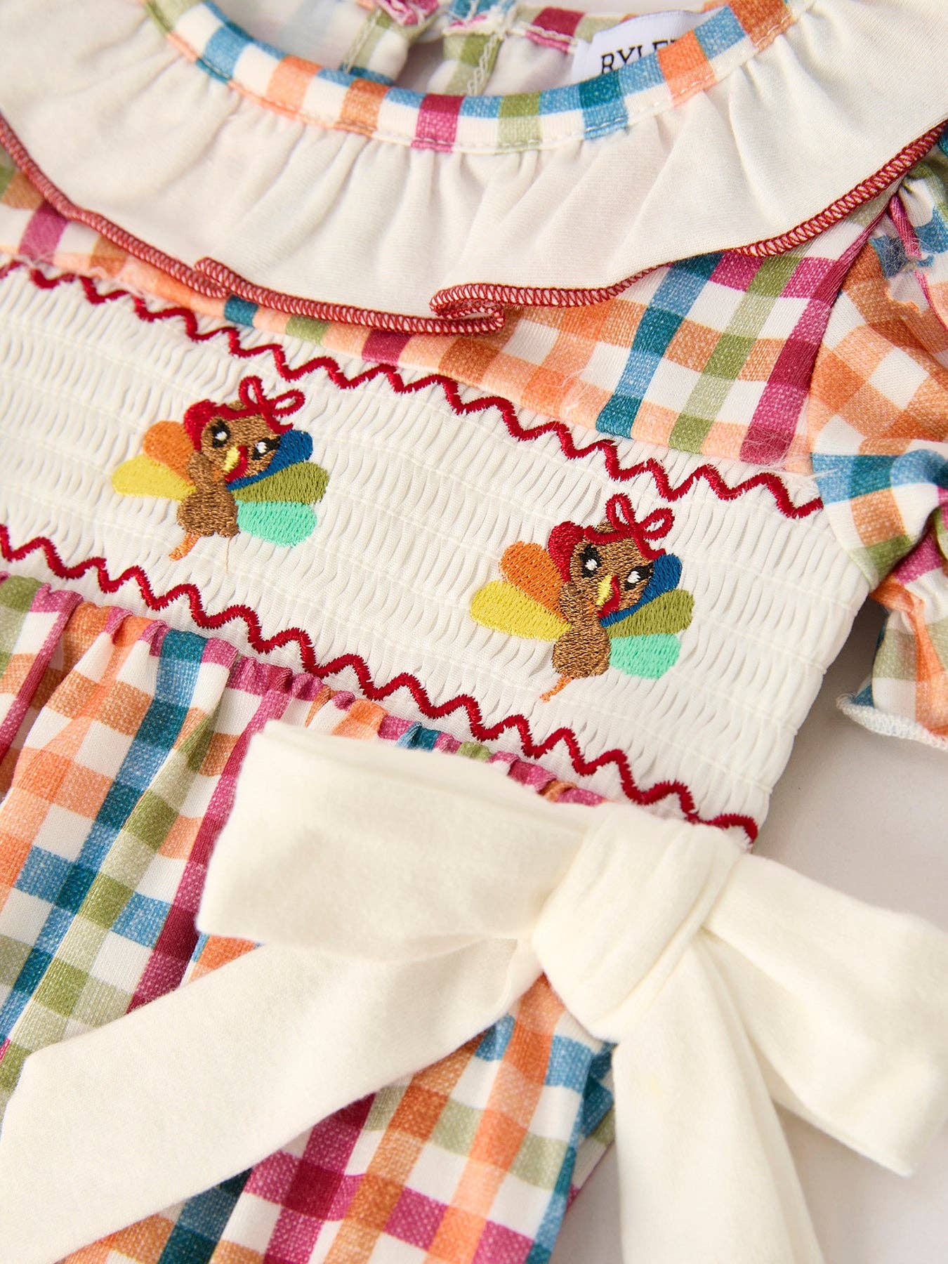 Fall Plaid Chick Embroidery Smocking Girls Romper