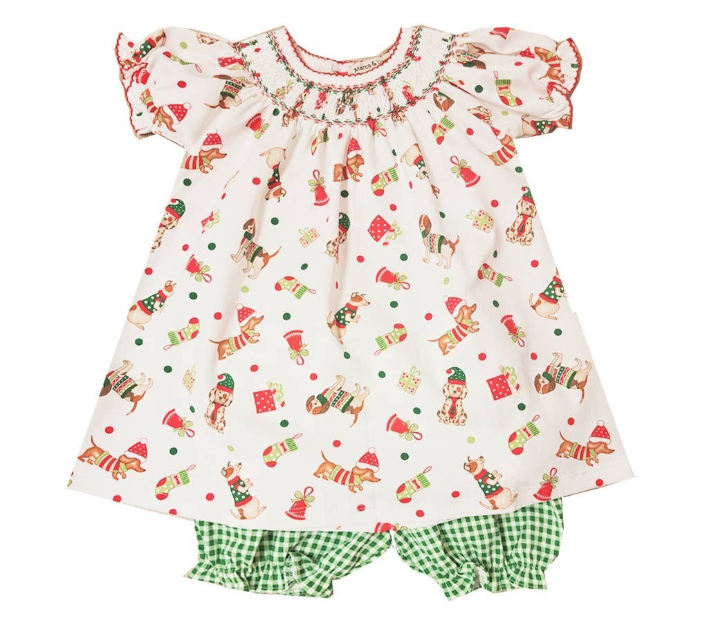 Girl's "Christmas Dog" Print Pima Cotton Bishop Dress