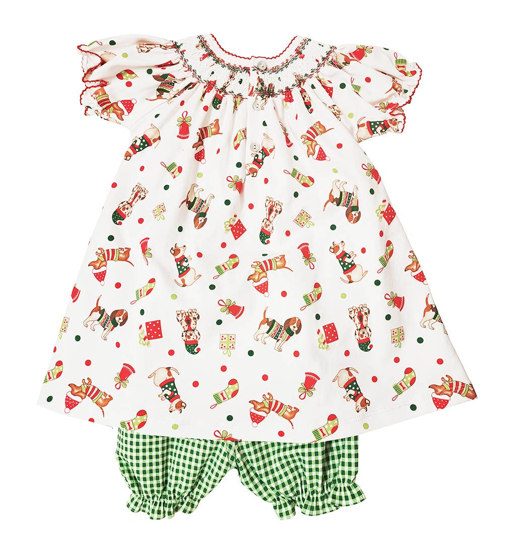 Girl's "Christmas Dog" Print Pima Cotton Bishop Dress