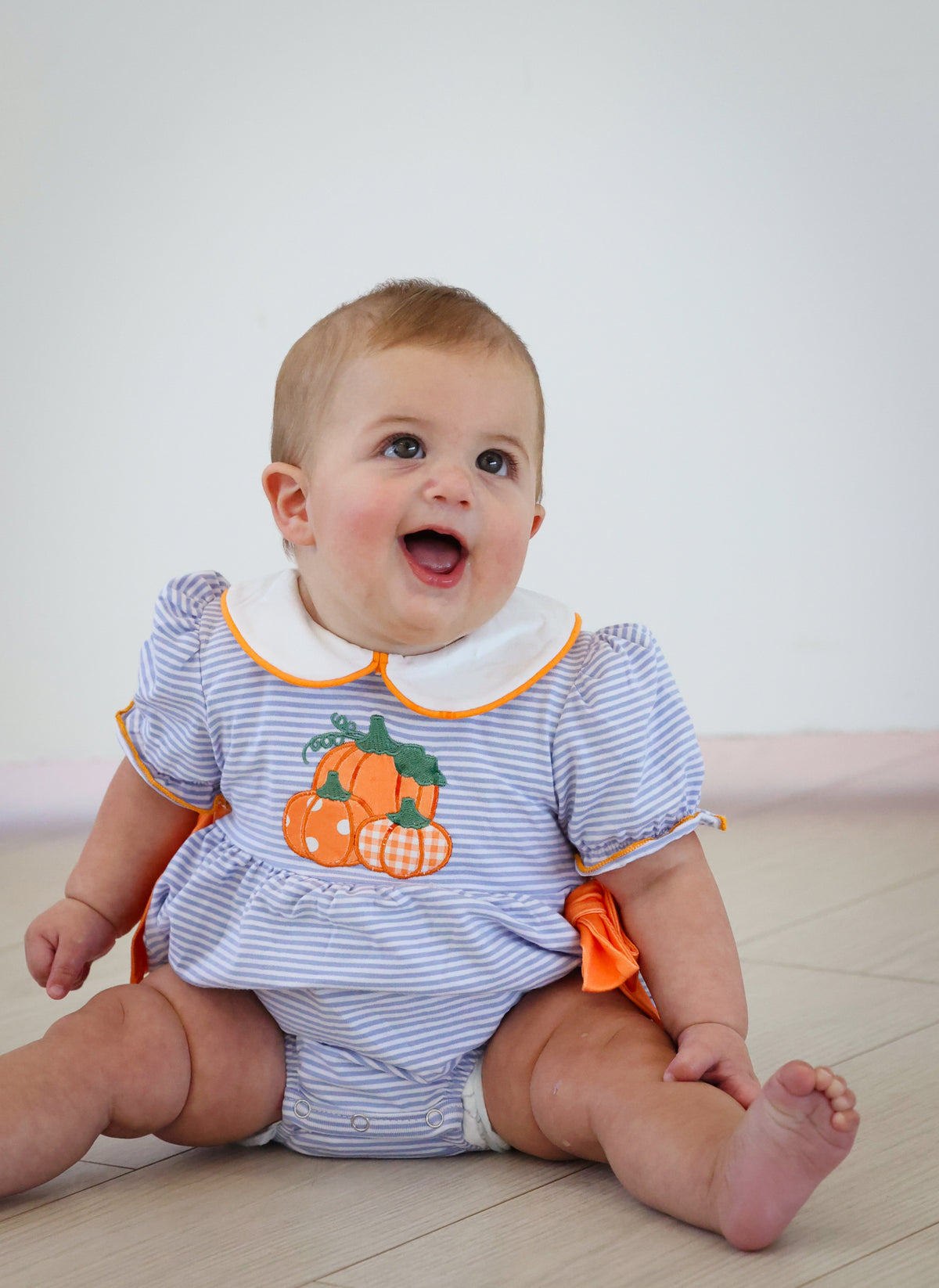 Fall Lapel Stripe Pumpkin Applique Girls Romper