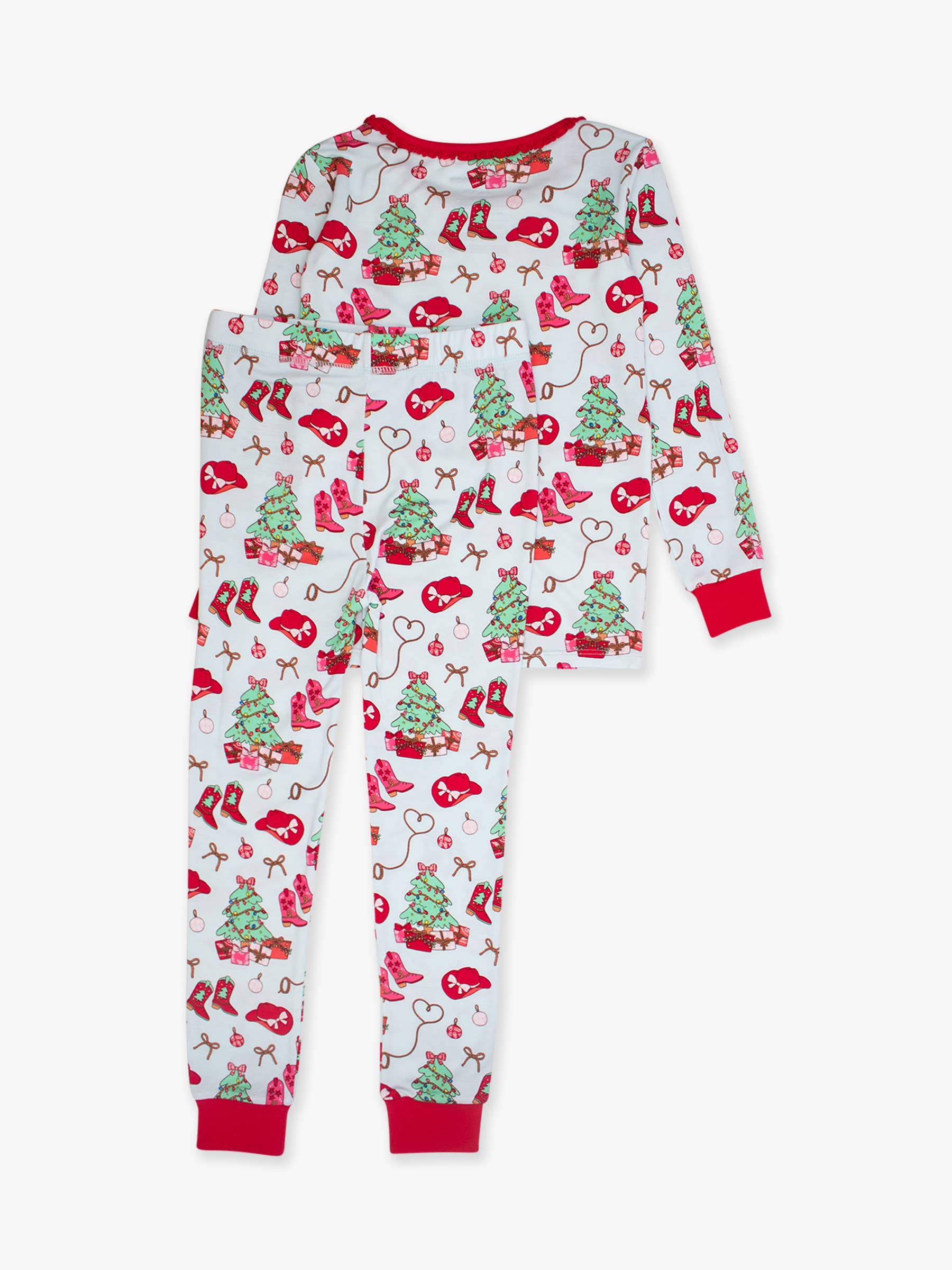 Girls Red Yuletide Yeehaw Bamboo Viscose Ruffle Long Sleeve Pajama Set