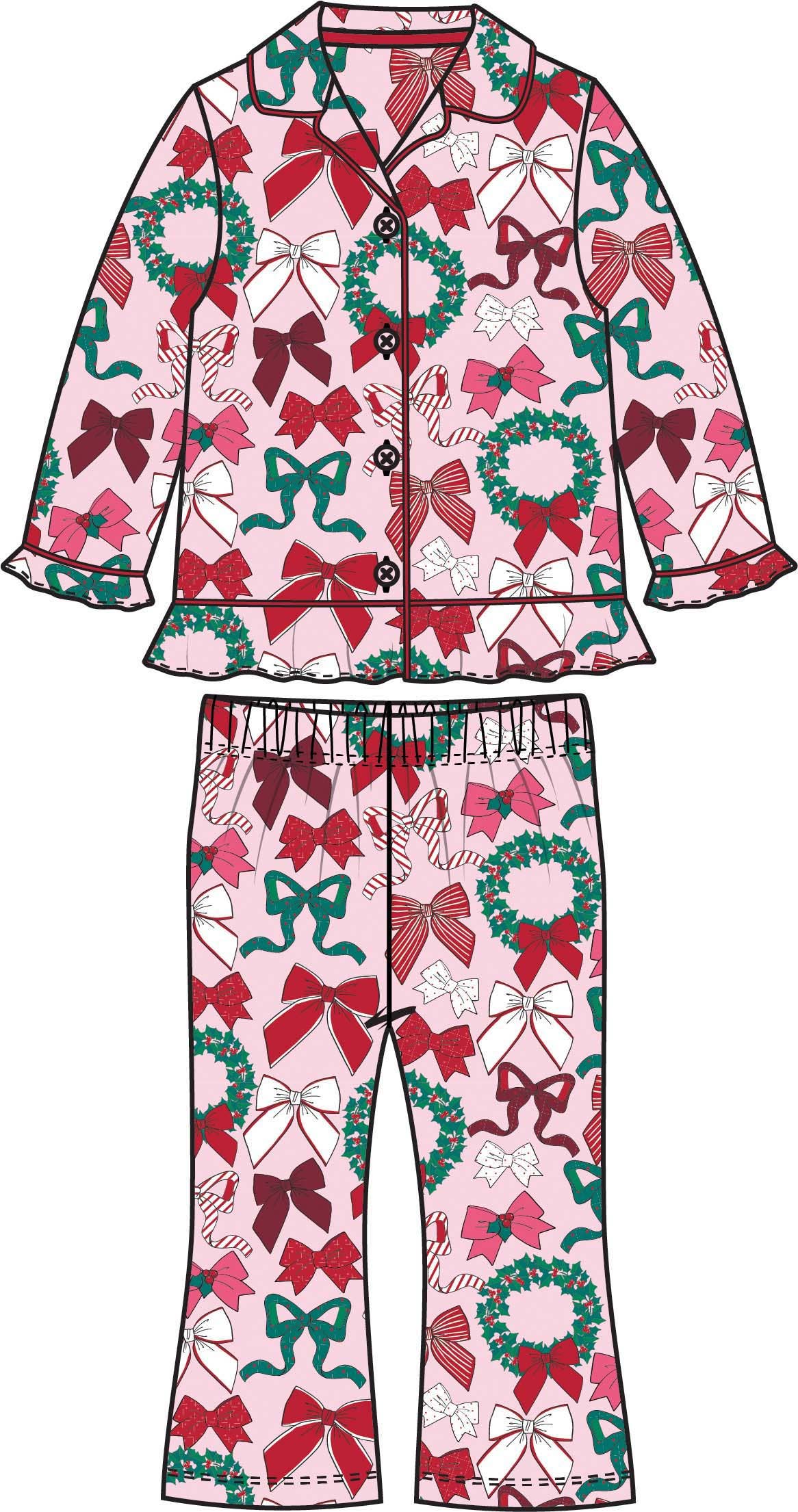 Girls Holly Bows Long Sleeve Button Up Ruffle Flare Pajama Set