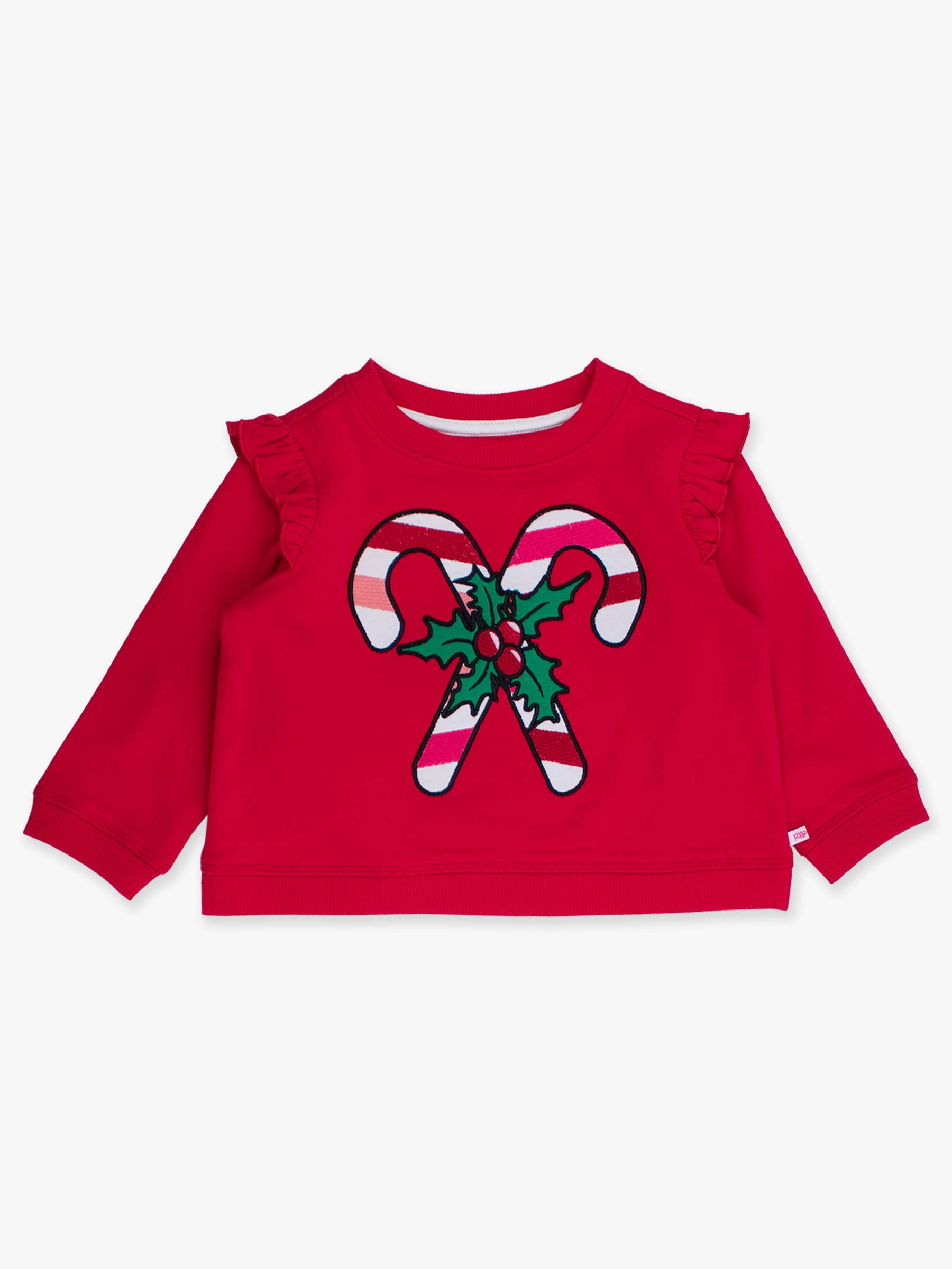 Girls Red Holly Candy Canes Applique Flutter Sweatshirt