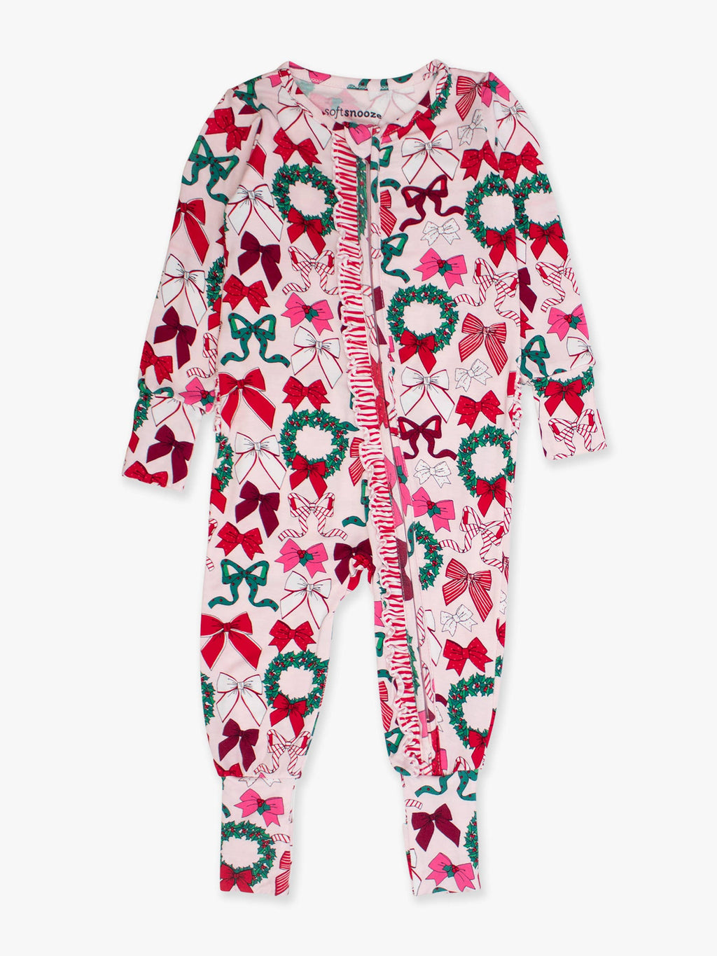 Baby Girls Holly Bows Bamboo Viscose Convertible Ruffle One Piece Footie Pajama