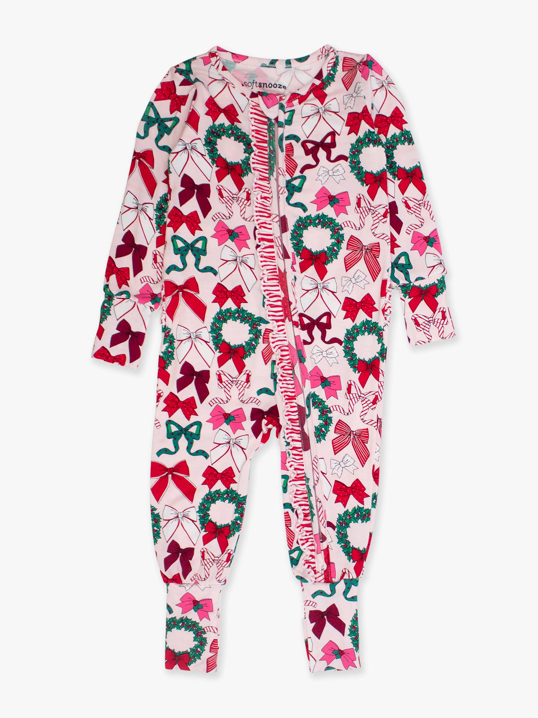 Baby Girls Holly Bows Bamboo Viscose Convertible Ruffle One Piece Footie Pajama