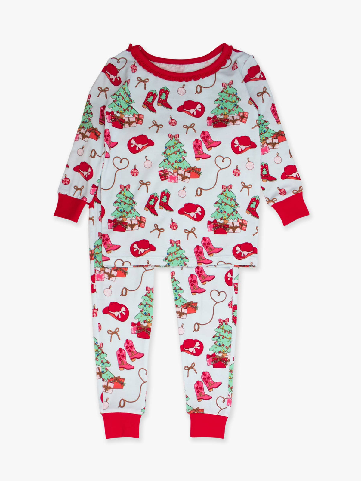 Toddler Girls Red Yuletide Yeehaw Bamboo Viscose Ruffle Long Sleeve Pajama Set with Signature Rear Ruffles