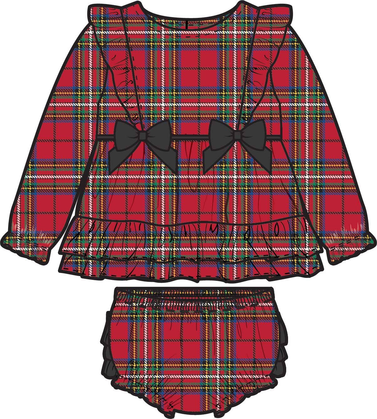 Baby Girls Red Nicholas Plaid Woven Long Sleeve Waterfall Bow Swing Top & Bloomer Set