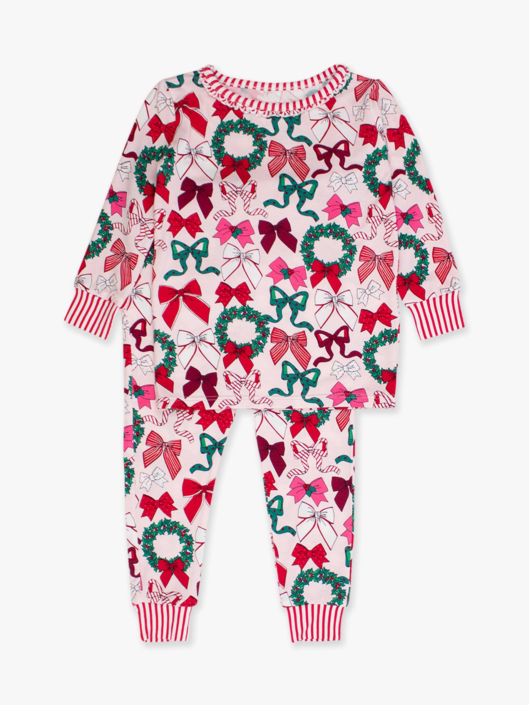 Toddler Girls Holly Bows Bamboo Viscose Ruffle Long Sleeve Pajama Set with Signature Rear Ruffles