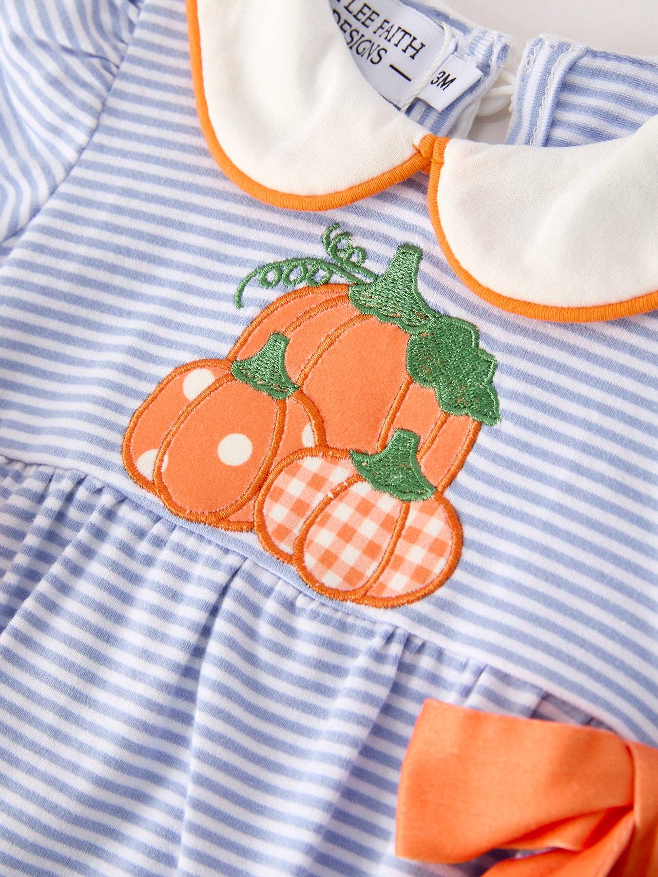 Fall Lapel Stripe Pumpkin Applique Girls Romper
