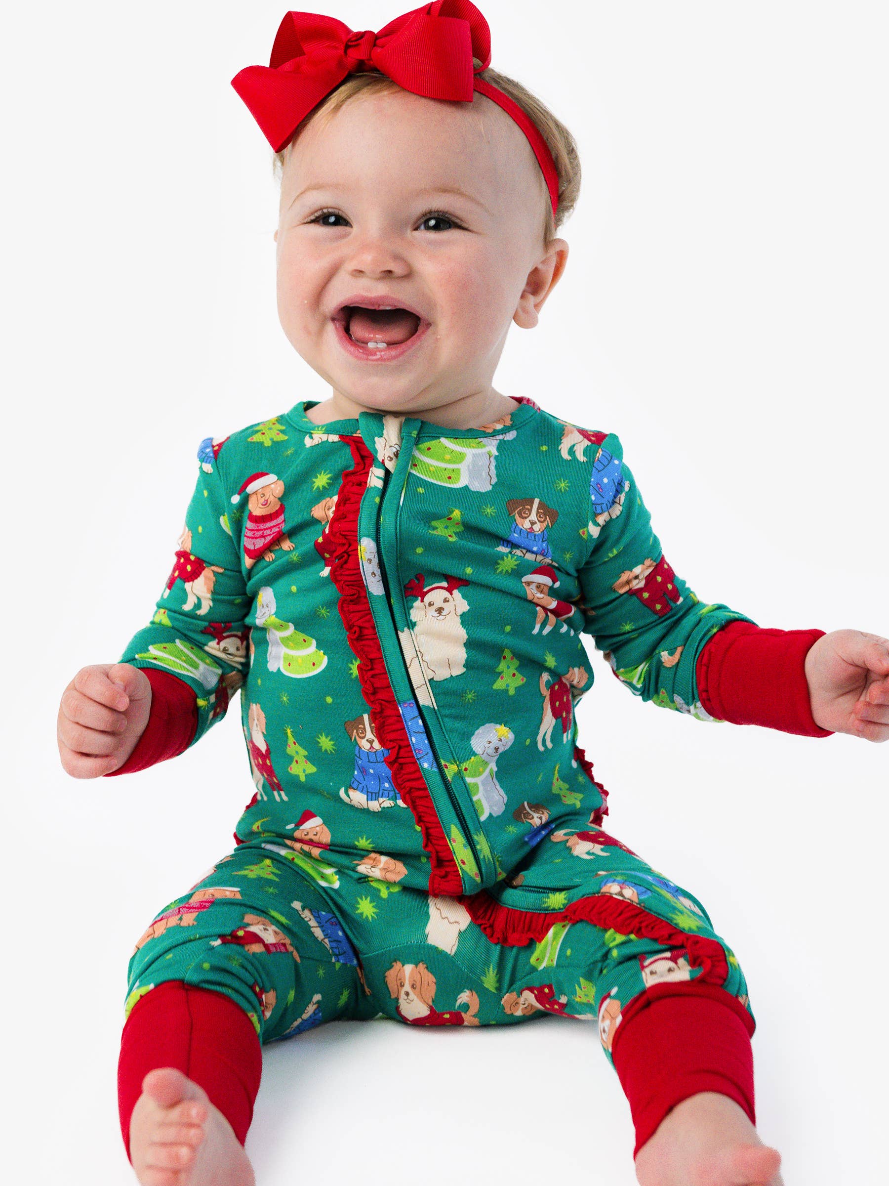 SoftSnooze™ Baby Girls Bamboo Viscose Paw-liday Pals Christmas Dogs Convertible Ruffle One Piece Footie Pajama