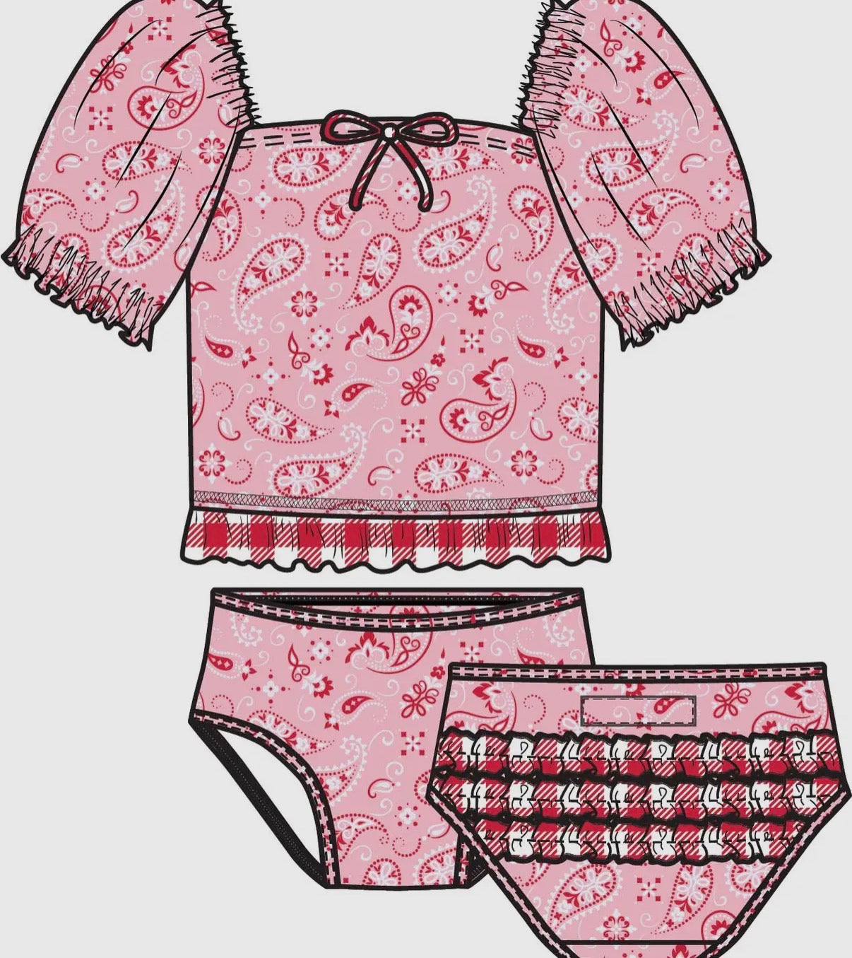 Girls Pink Western Bandana Puff Sleeve Ruffle Tankini