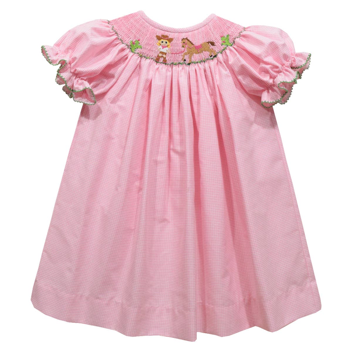 Cowgirl Smocked Pink Gingham Short Sleeve Girls Bishop