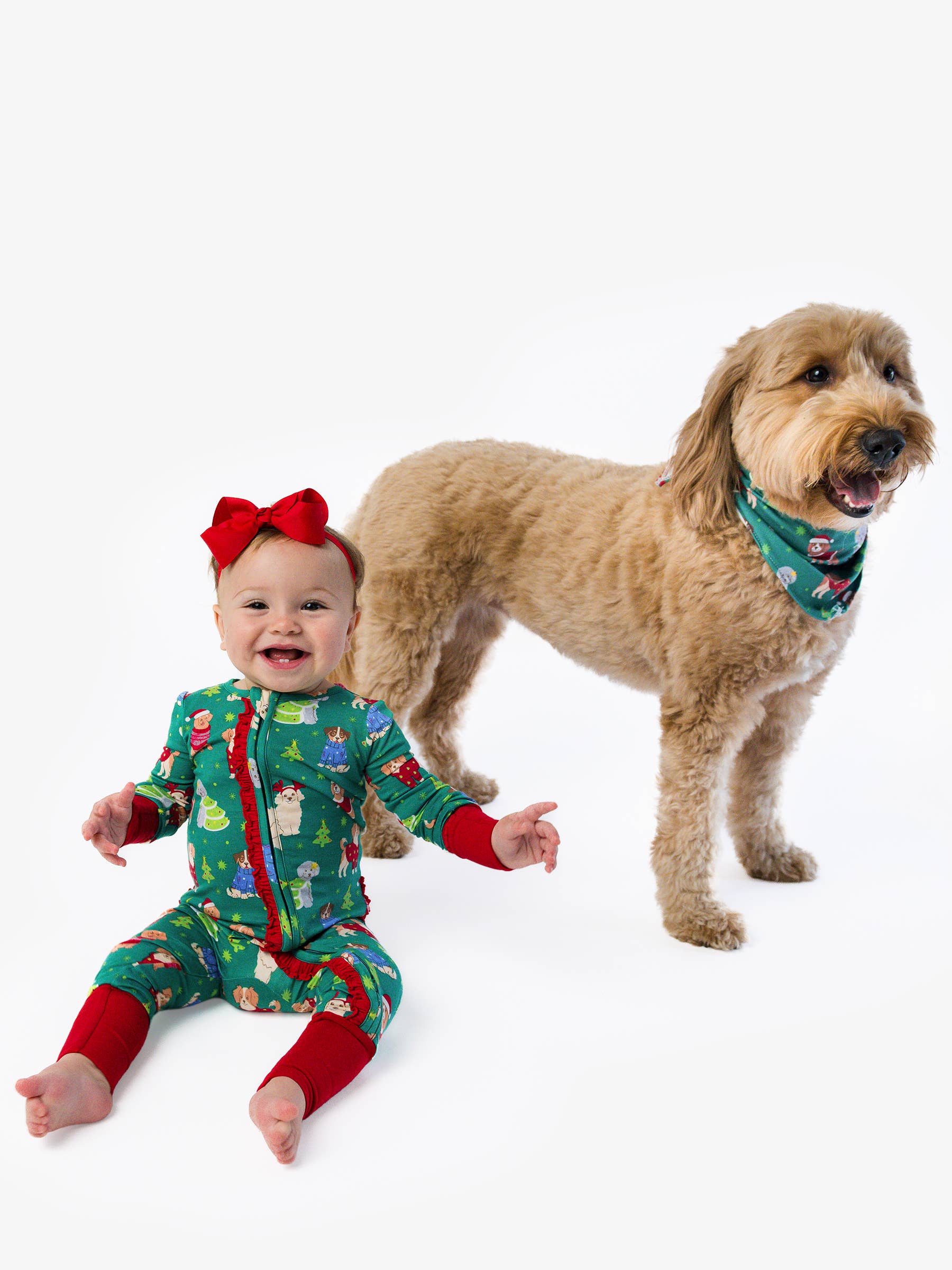 SoftSnooze™ Baby Girls Bamboo Viscose Paw-liday Pals Christmas Dogs Convertible Ruffle One Piece Footie Pajama