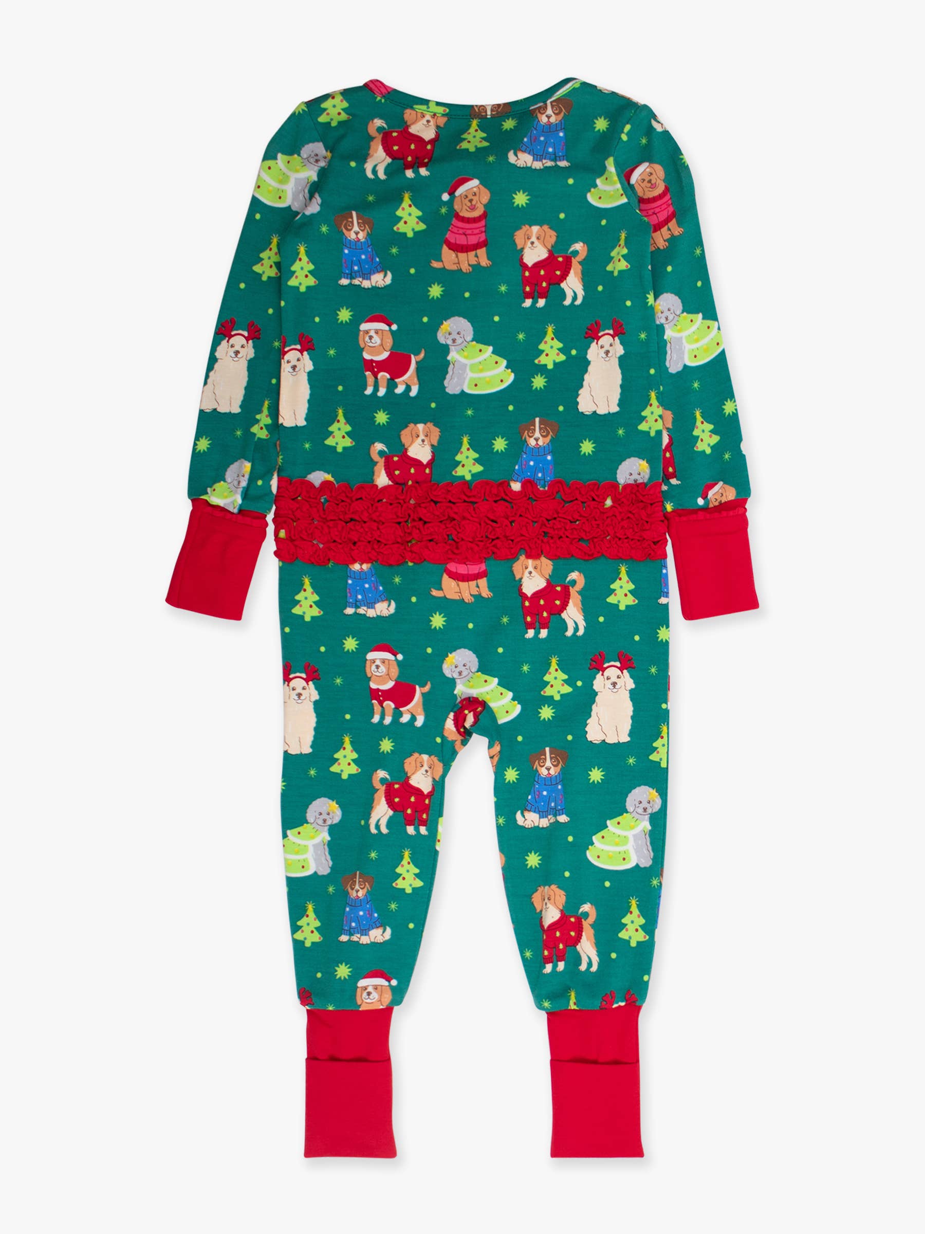 SoftSnooze™ Baby Girls Bamboo Viscose Paw-liday Pals Christmas Dogs Convertible Ruffle One Piece Footie Pajama