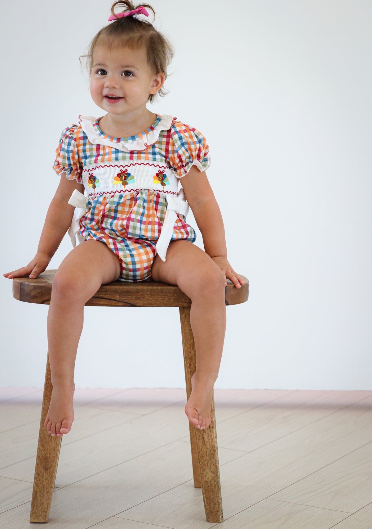Fall Plaid Chick Embroidery Smocking Girls Romper