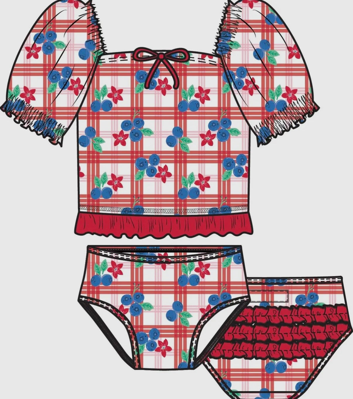 Girls Red, White & Blueberry Puff Sleeve Ruffle Tankini