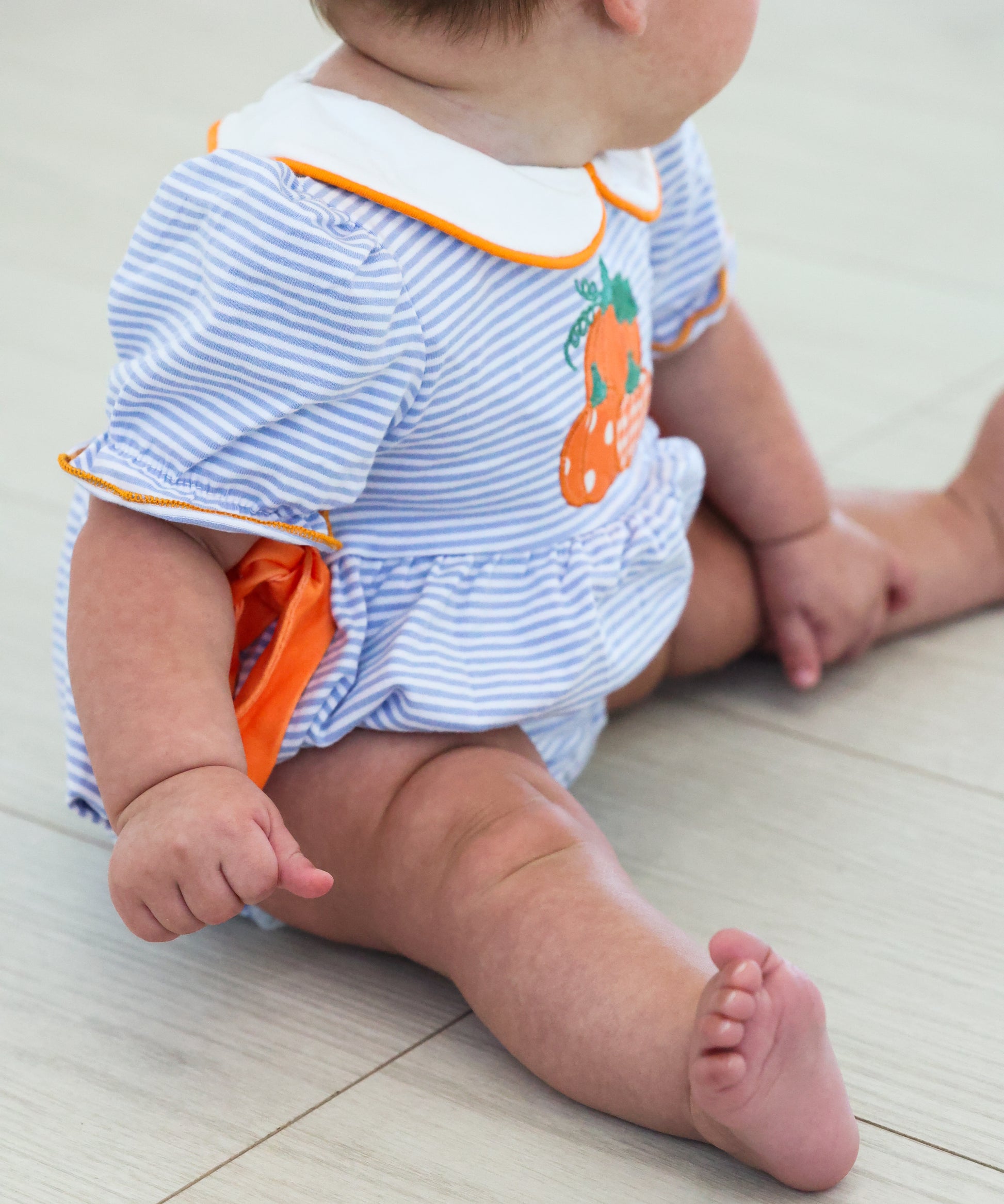 Fall Lapel Stripe Pumpkin Applique Girls Romper