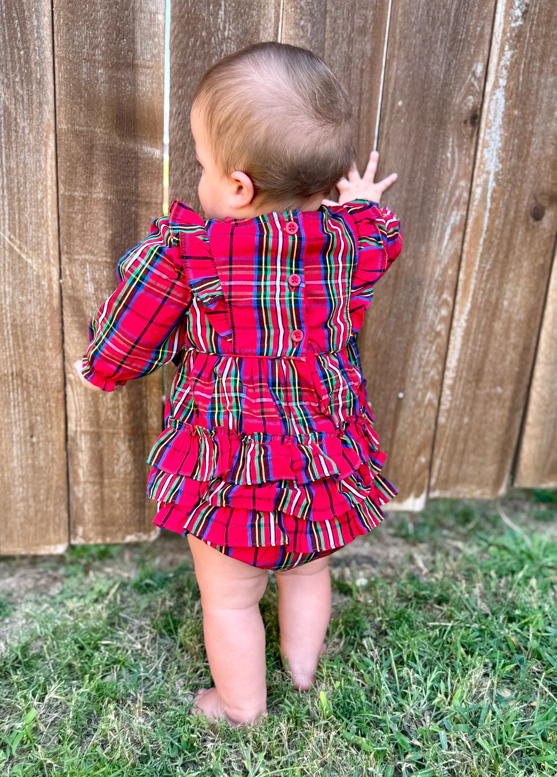 Baby Girls Red Nicholas Plaid Woven Long Sleeve Waterfall Bow Bubble Romper