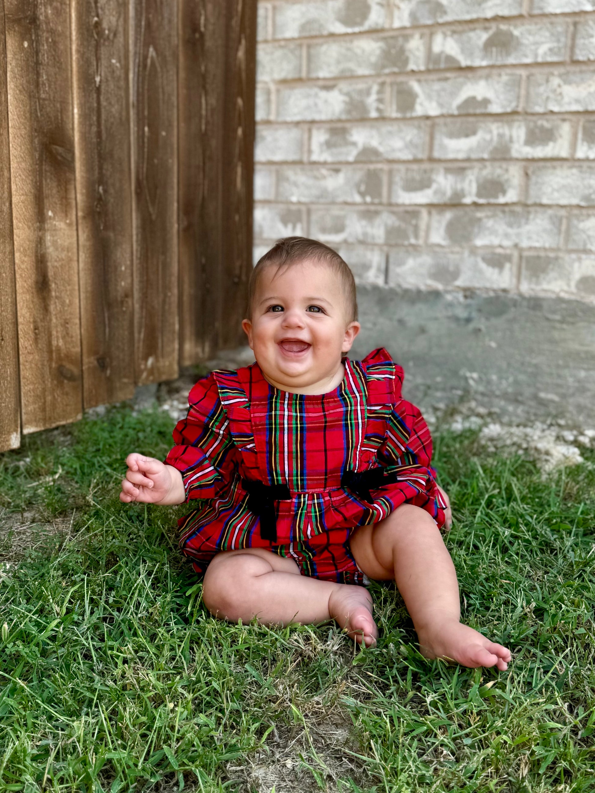 Baby Girls Red Nicholas Plaid Woven Long Sleeve Waterfall Bow Bubble Romper