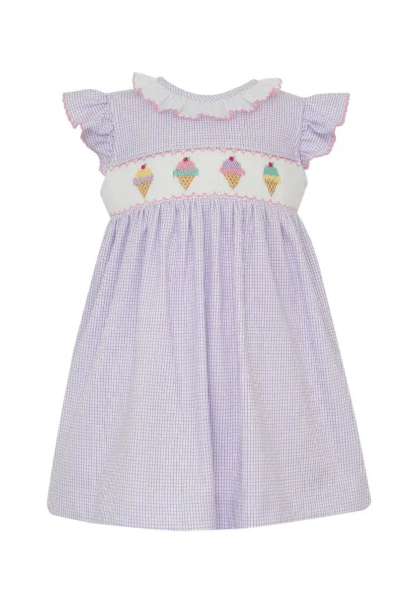 Petit Bebe Knits Girls Lilac Gingham Knit Sleeveless Dress with Ice Cream Cones - White Ruffle Collar