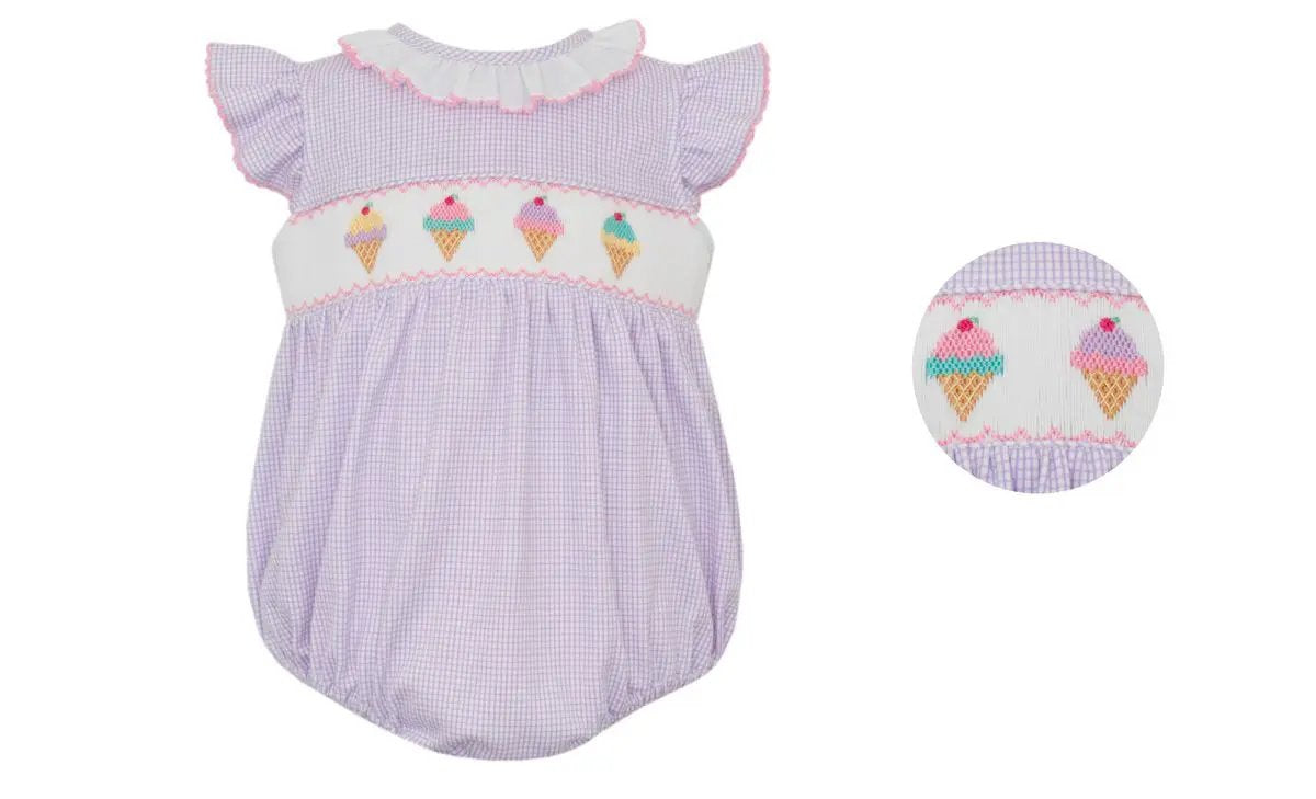 Petit Bebe Knits Girls Lilac Gingham Knit Sleeveless Bubble with Ice Cream Cones - White Ruffle Collar
