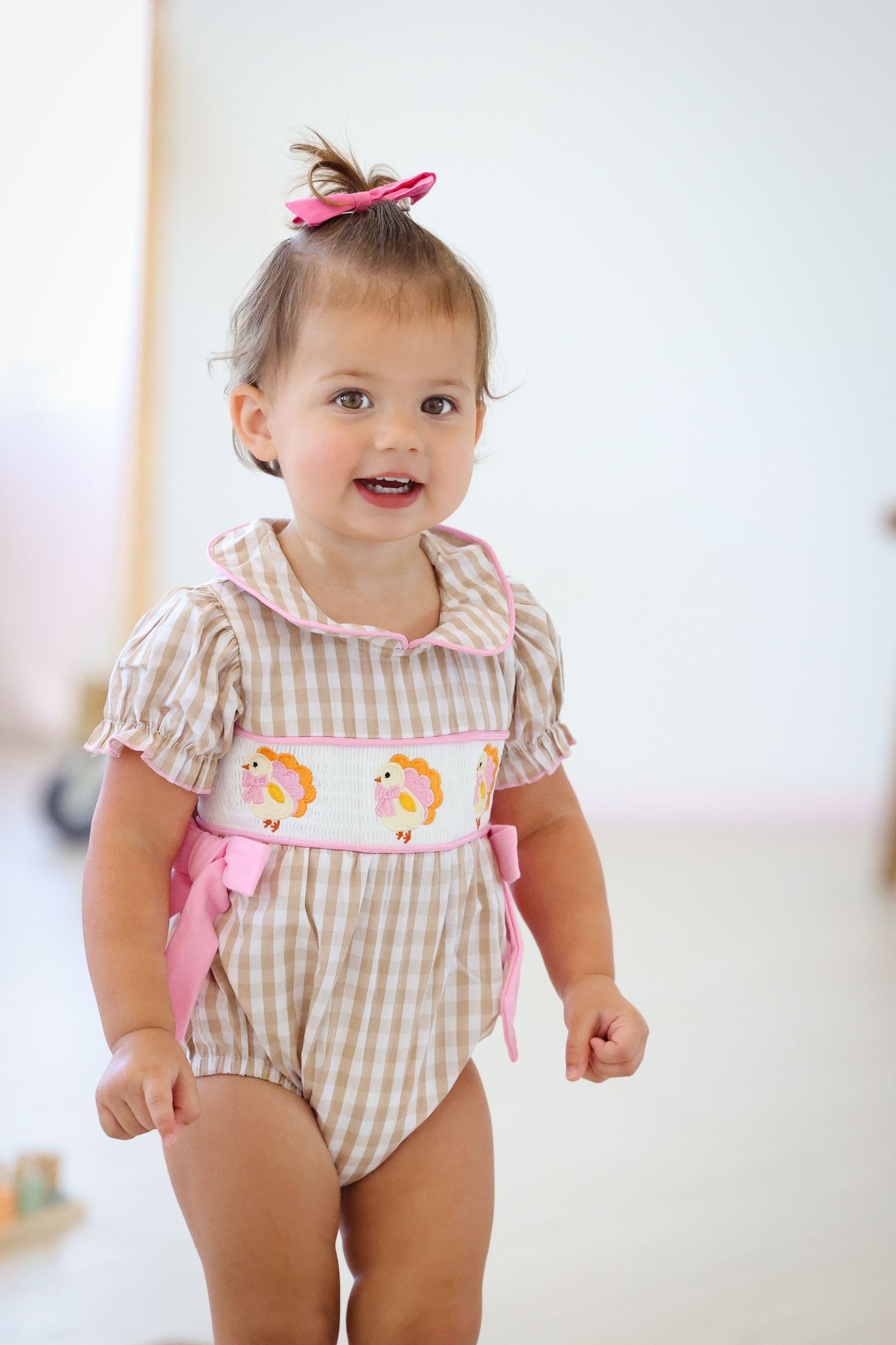 Fall Plaid Chick Embroidery Smocking Girls Romper