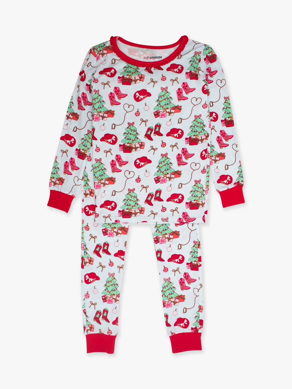 Girls Red Yuletide Yeehaw Bamboo Viscose Ruffle Long Sleeve Pajama Set