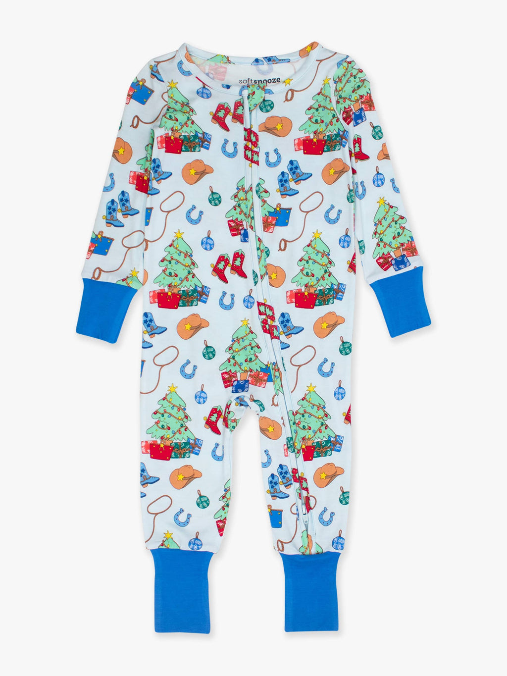 Baby Blue Yuletide Yeehaw Bamboo Viscose Convertible One Piece Footie Pajama