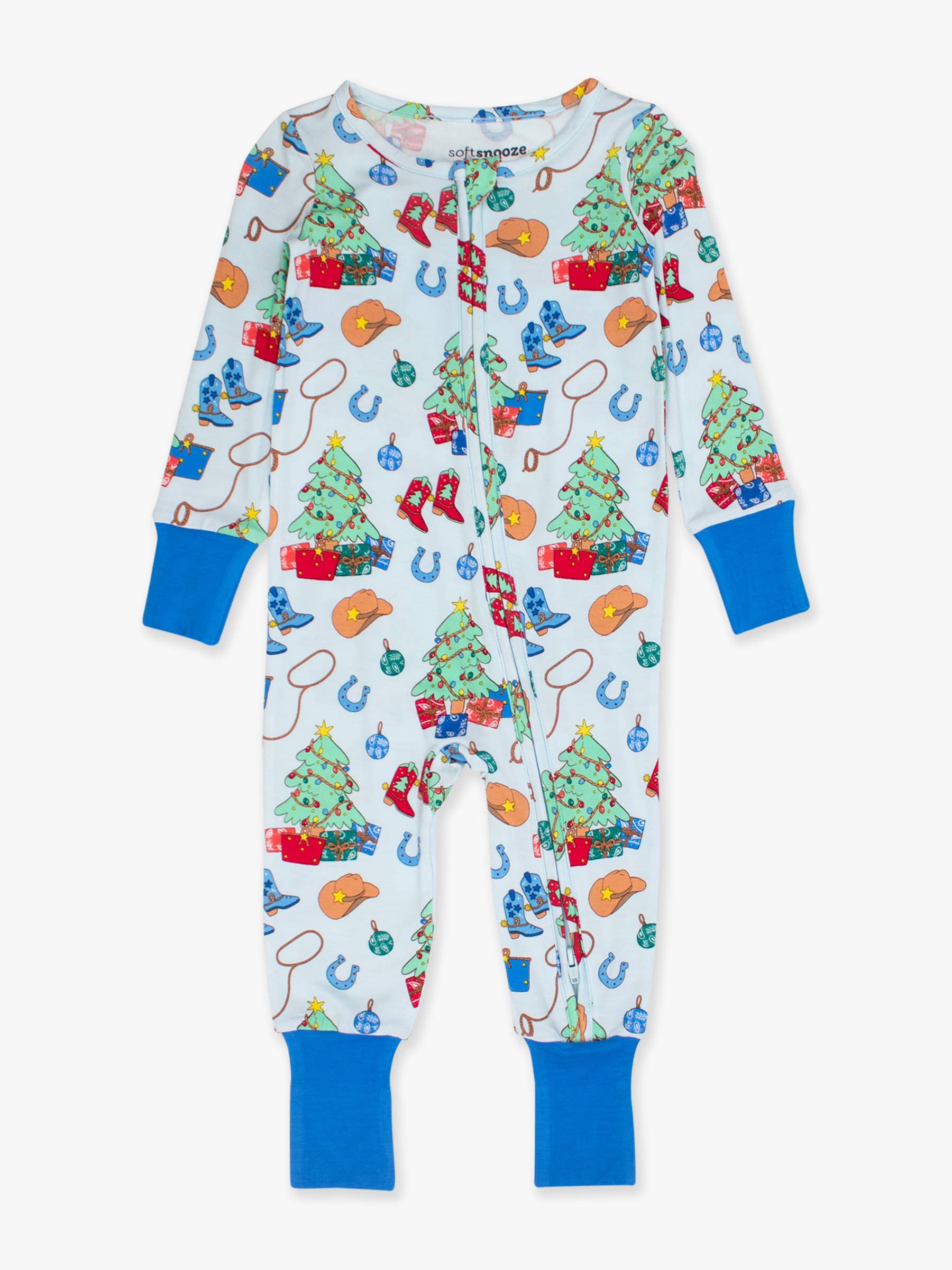 Baby Blue Yuletide Yeehaw Bamboo Viscose Convertible One Piece Footie Pajama