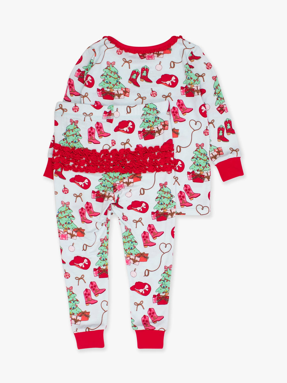 Toddler Girls Red Yuletide Yeehaw Bamboo Viscose Ruffle Long Sleeve Pajama Set with Signature Rear Ruffles