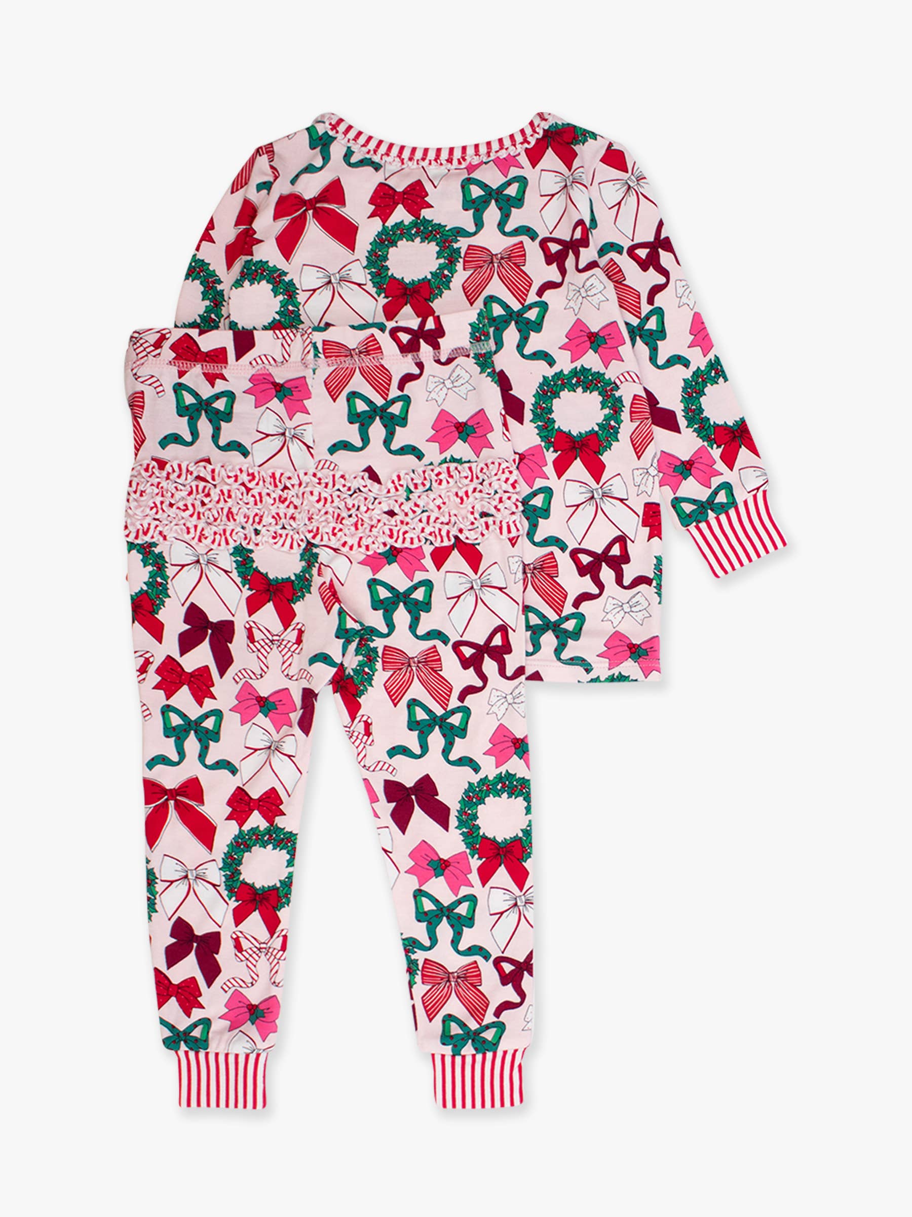 Toddler Girls Holly Bows Bamboo Viscose Ruffle Long Sleeve Pajama Set with Signature Rear Ruffles