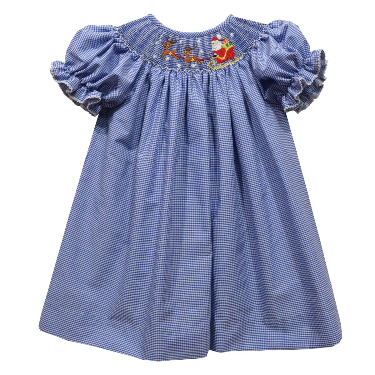 Santa Sleigh Smocked Royal Gingham Short Sleeve Girls Bishop