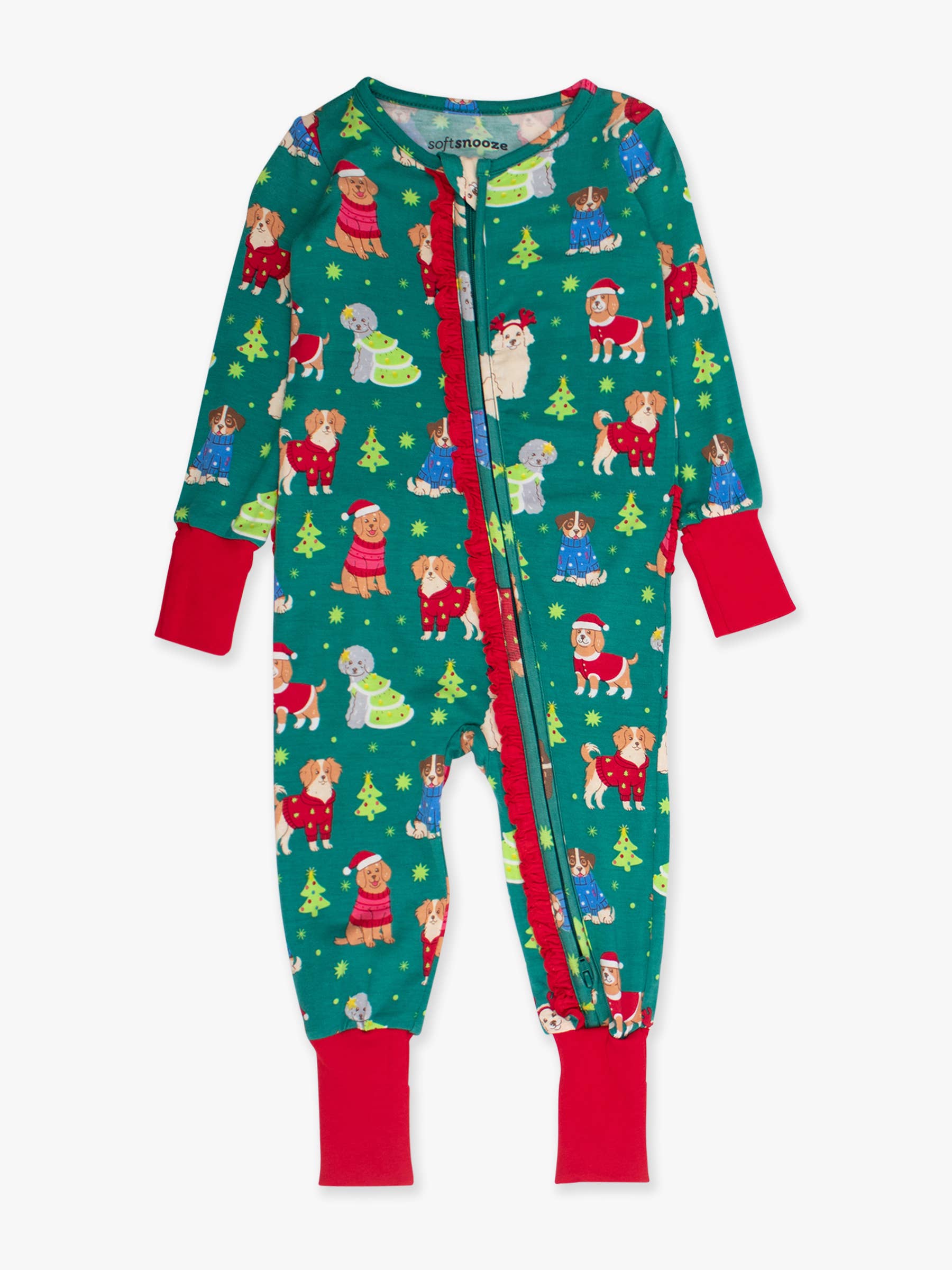 SoftSnooze™ Baby Girls Bamboo Viscose Paw-liday Pals Christmas Dogs Convertible Ruffle One Piece Footie Pajama