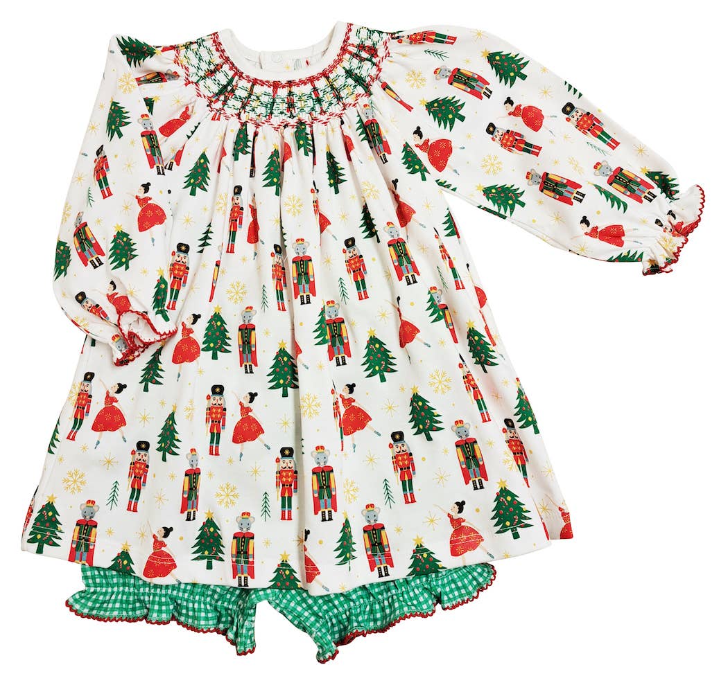 Christmas Nutcracker Print Hand Smocked Girl's Bishop Dress