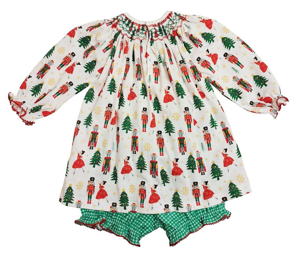 Christmas Nutcracker Print Hand Smocked Girl's Bishop Dress