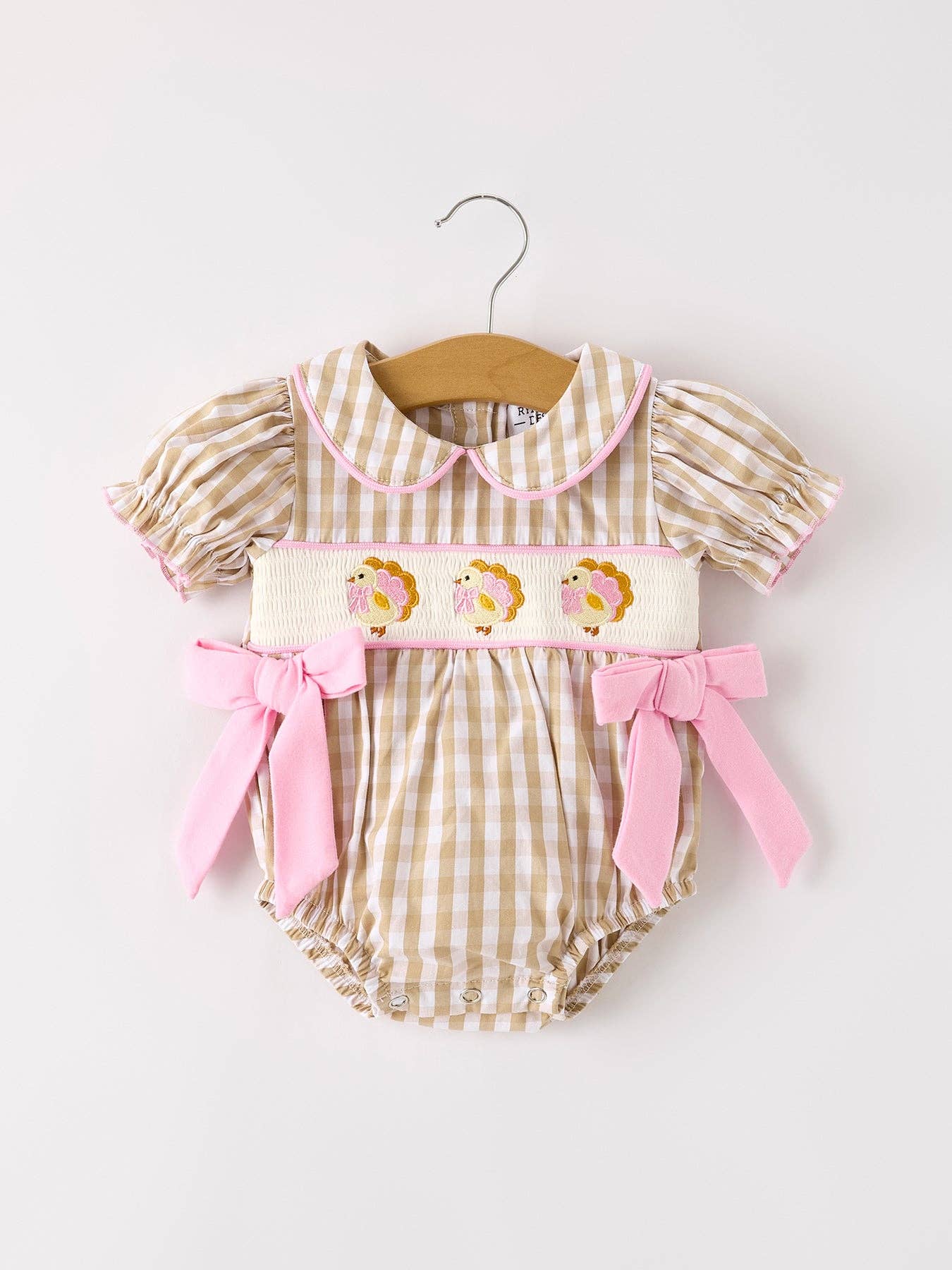 Fall Plaid Chick Embroidery Smocking Girls Romper