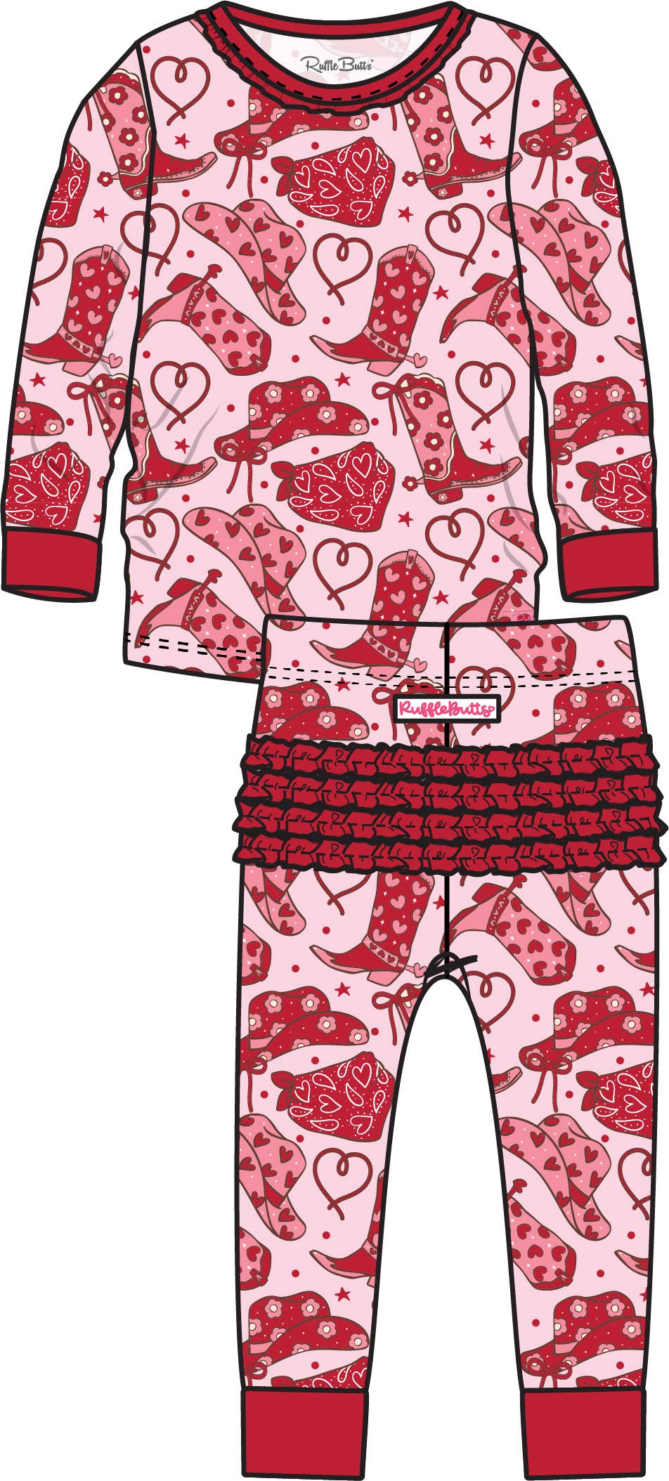 Toddler Girls Lasso Love Bamboo Viscose Ruffle Long Sleeve Pajama Set with Signature Rear Ruffles