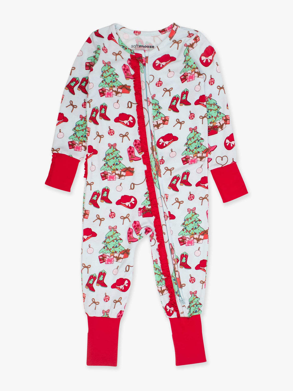 Baby Girls Red Yuletide Yeehaw Bamboo Viscose Convertible Ruffle One Piece Footie Pajama