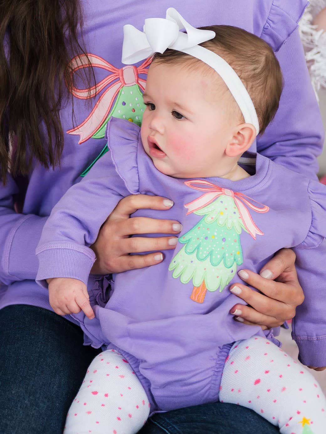 Baby Girls Purple Twinkling Tree Bow Applique Sweatshirt Bubble Romper