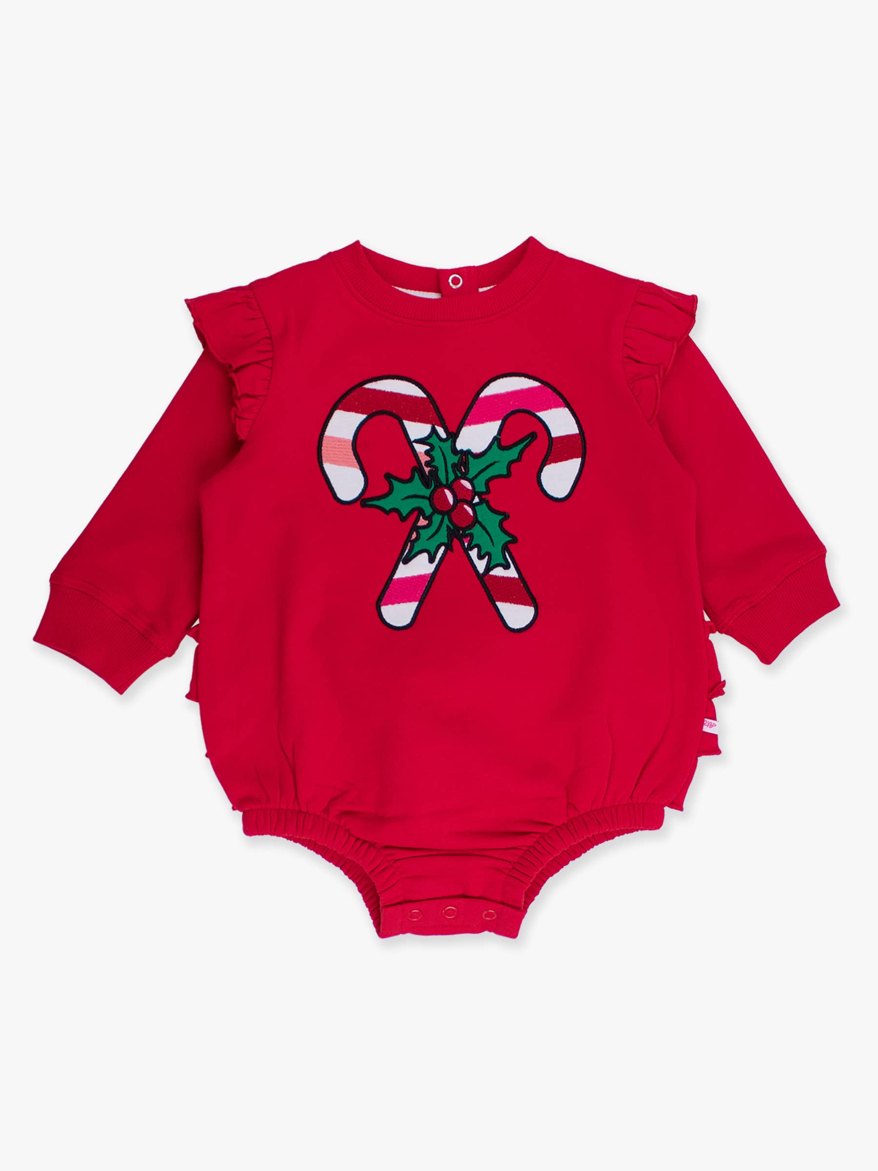 Baby Girls Red Holly Candy Canes Applique Sweatshirt Bubble Romper
