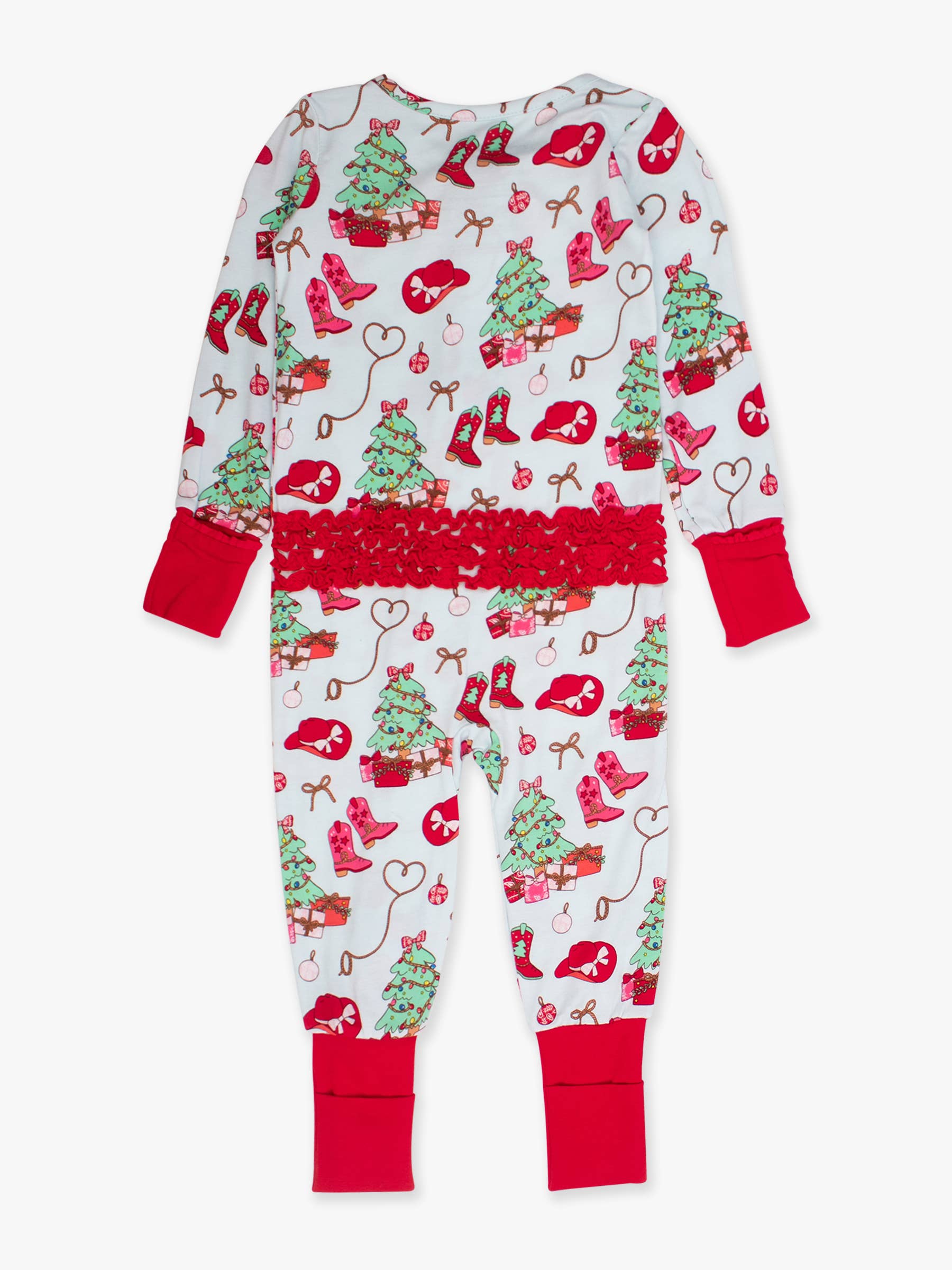 Baby Girls Red Yuletide Yeehaw Bamboo Viscose Convertible Ruffle One Piece Footie Pajama