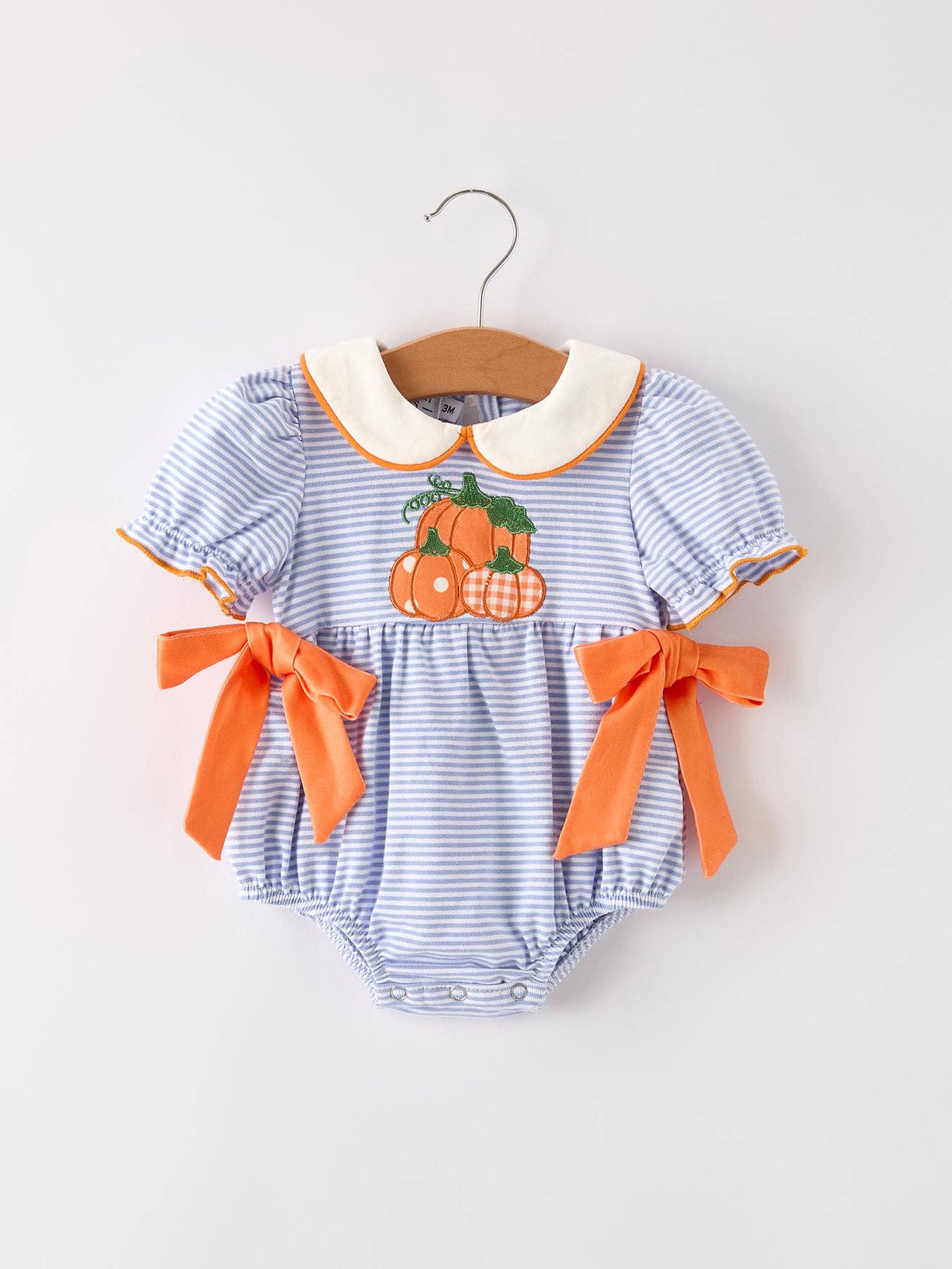 Fall Lapel Stripe Pumpkin Applique Girls Romper