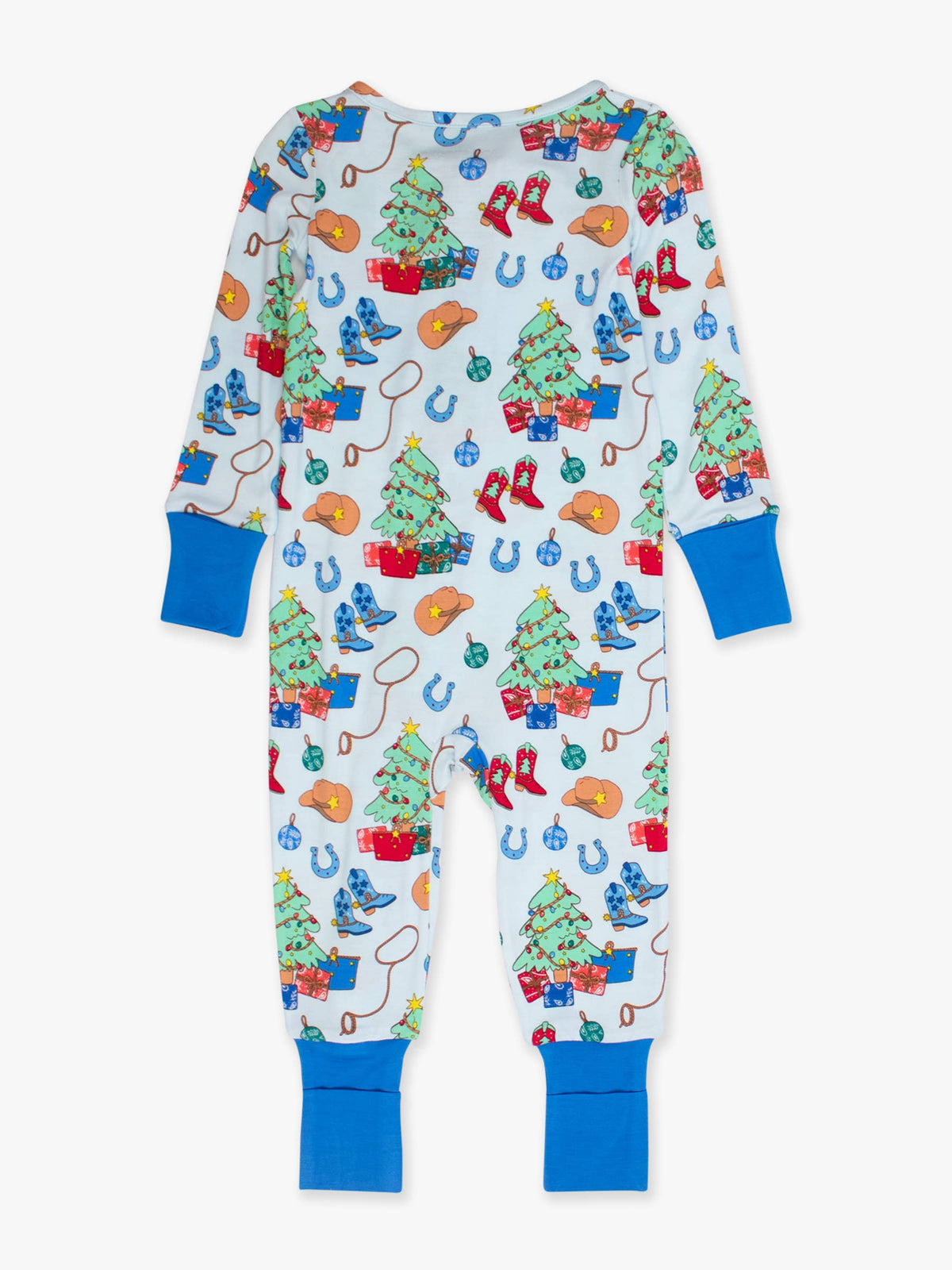 Baby Blue Yuletide Yeehaw Bamboo Viscose Convertible One Piece Footie Pajama