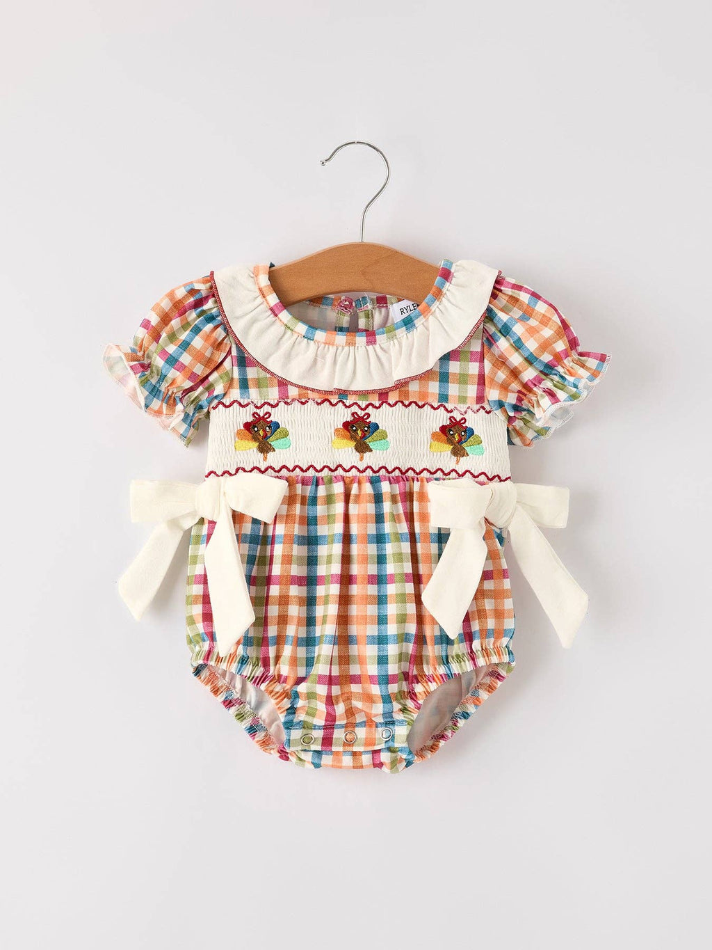 Fall Plaid Chick Embroidery Smocking Girls Romper