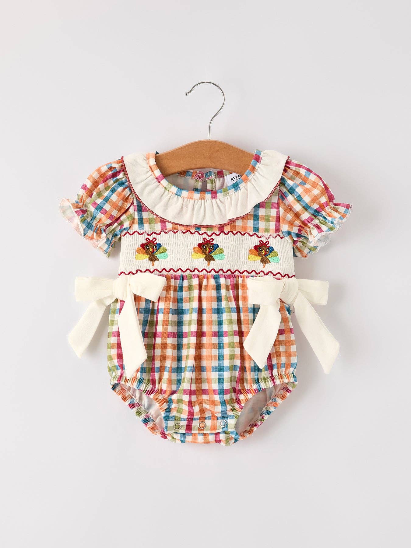 Fall Plaid Chick Embroidery Smocking Girls Romper