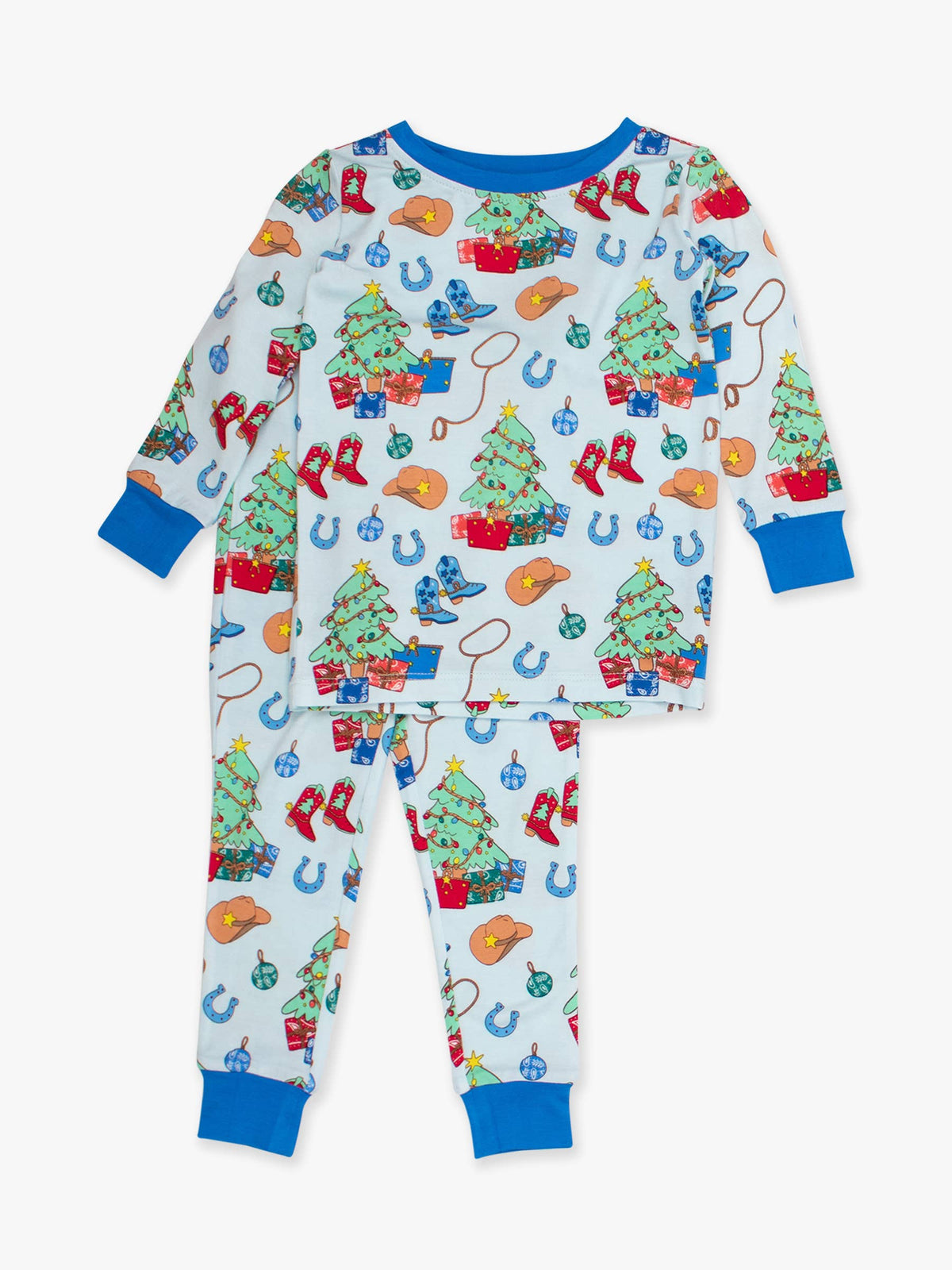 Kids Blue Yuletide Yeehaw Bamboo Viscose Long Sleeve Pajama Set