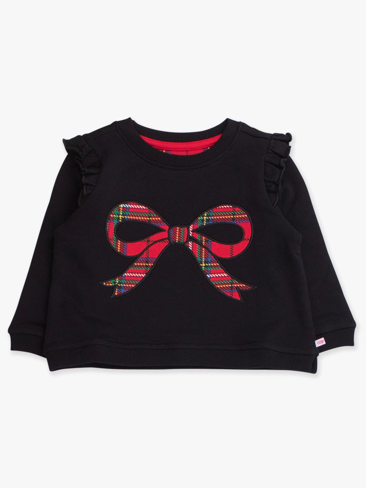 Girls Nicholas Plaid Bow Black Applique Flutter Sweatshirt